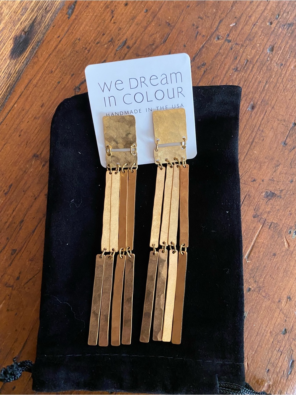 We Dream in Colour Padme drop dangle earrings 4.5” long gold colored brass